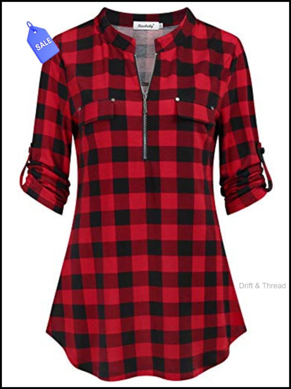 Women's 3/4 Sleeve Plaid Tunic Blouse Zip Floral Casual Top